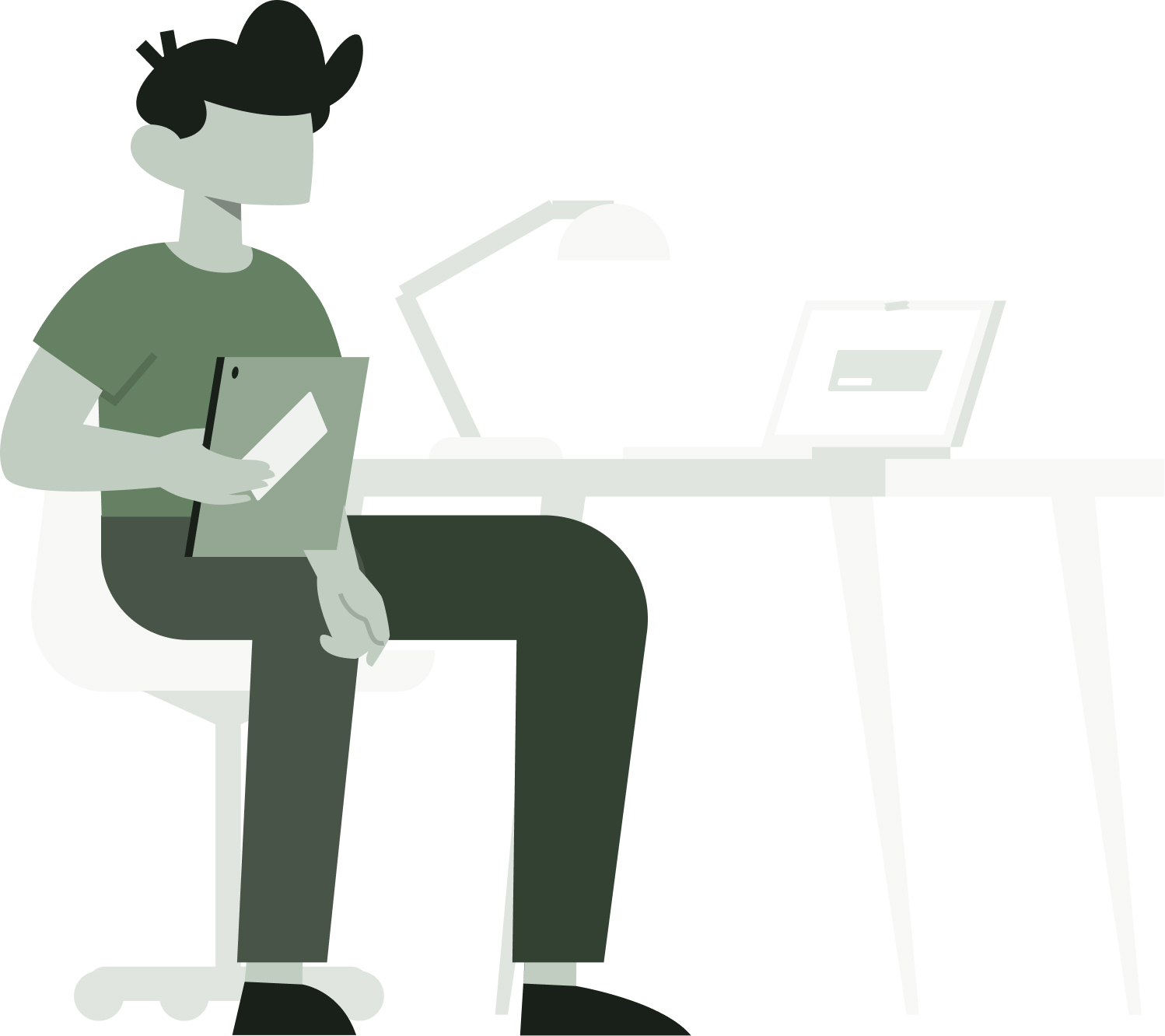 Man sitting down at desk holding a tablet and a check. Computer on the desk with the image of a check.
